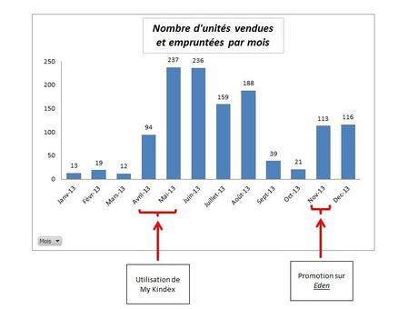 Point d’étape n°9 : Mon bilan 2013, 1247 ebooks vendus et empruntés Nb ventes par mois sur année 2013