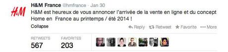 H&M va lancer son e shop français et une boutique Home au printemps 2014 hm twitter