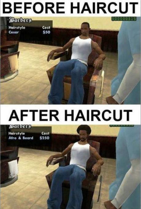 Avant de se faire couper les cheveux, après s'être fait coupé les cheveux.