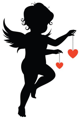 Silhouette of an angel with hearts