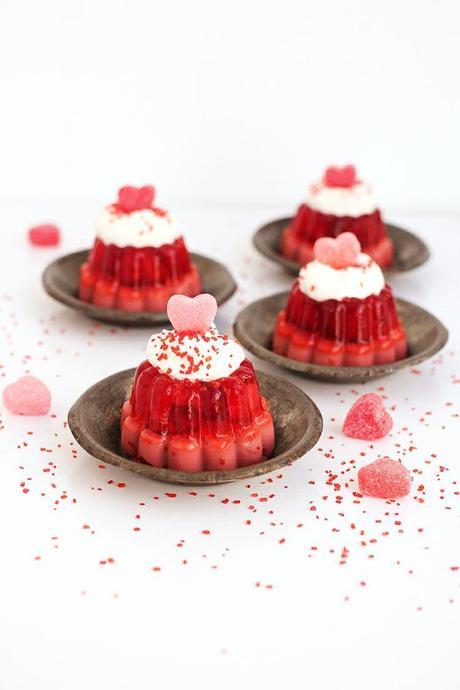 Valentine's Mini Valentine's Jello Molds- Cherry Cream, Raspberry, homemade whipped cream.