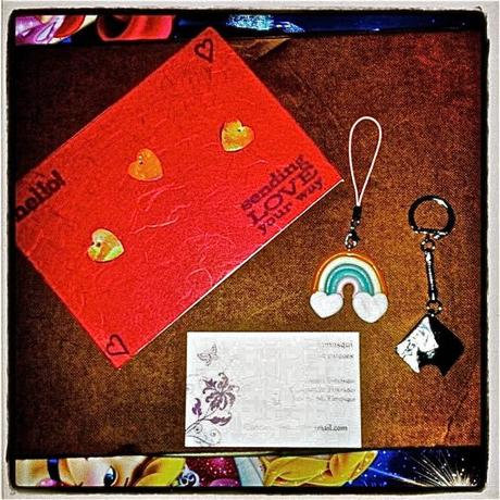 Contenu de l'enveloppe : 2 porte-clefs (home-made), une carte de voeux et une carte de visite