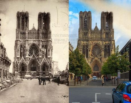 le tourisme d'après-guerre s'organise sur le parvis de la cathédrale de Reims