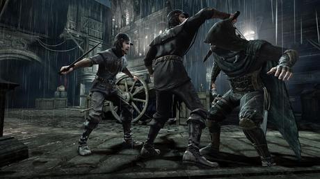 Image du jeu vidéo Thief où Garret combat 2 ennemis