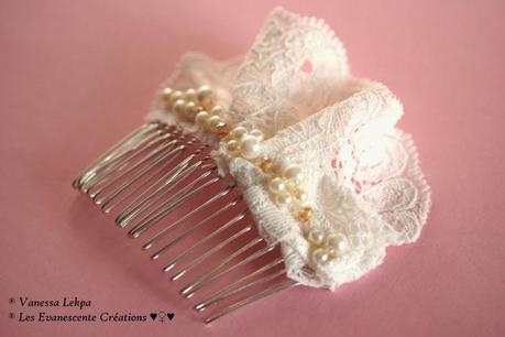 peignes et accessoires pour cheveux long de mariée , en dentelle de calais ivoire et blanc, brodé à la main de perles perles et de cristaux par la Créatrice Vanessa Lekpa