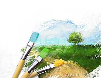 Artist brushes with a half finished painted canvas