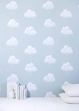Tendance déco : Dans les nuages ! Papier peint nuages de coton bleu fumée