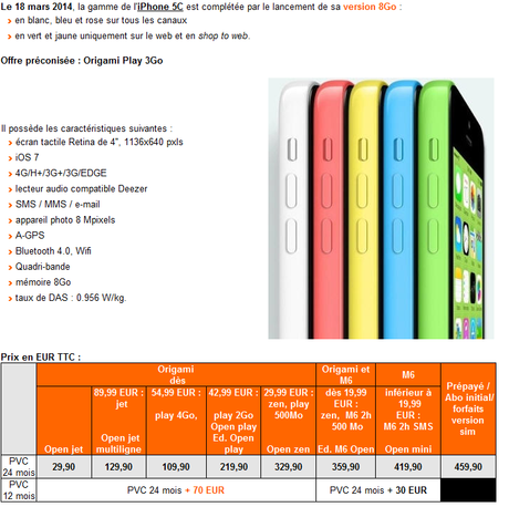 Tarifs Orange iPhone 5C 8 Go
