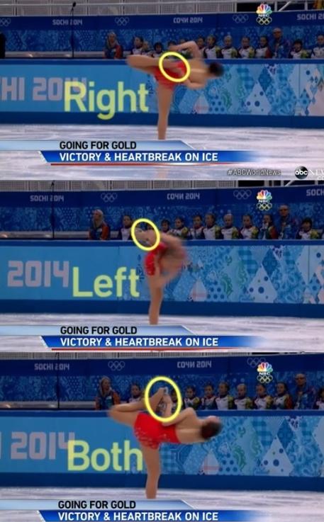 Sur cette photo de rotation, la patineuse ne peut utiliser qu’une seule main quand elle fait un tour, mais on voit que Sotnikova utilise ses deux mains.