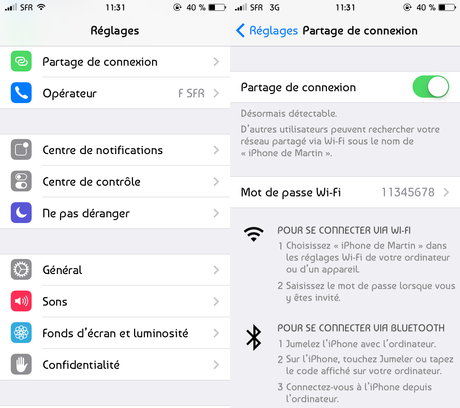 iOS 7 partage de connexion
