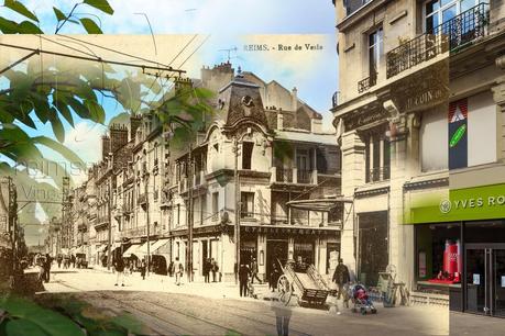 Rue de Vesle, au coin de la rue Saint-Jacques, pendant la reconstruction de Reims