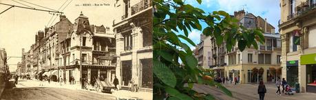Rue de Vesle, au coin de la rue Saint-Jacques, pendant la reconstruction de Reims