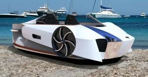 Pour 70 000 €, vous pouvez acquérir un hovercraft hybride capable d'embarquer deux voyageurs à 60 Km/h pendant 200 Km sans s'arrêter sur terre et sur mer.