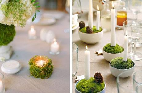 moss covered votives and candlesticks