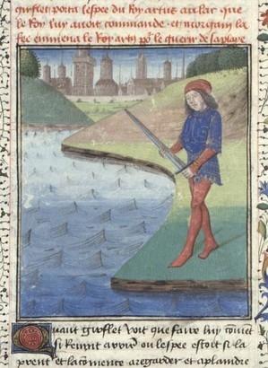 La Mort du roi Arthur. Giflet jetant Excalibur dans le lac. Roman du XIIIe siècle