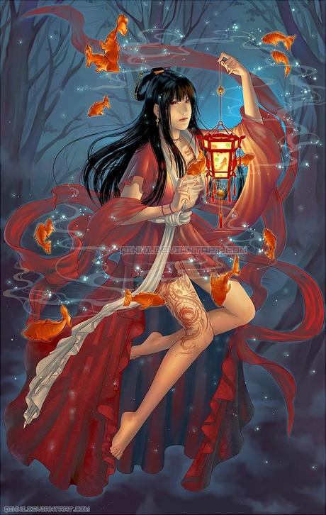 illustration de Qing Han d'une femme en kimonon rouge tenant une lanterne