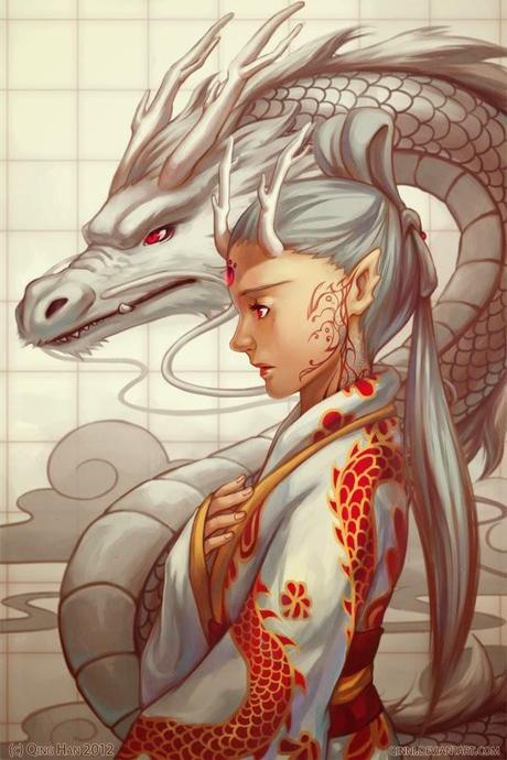 illustration de Qing Han d'une femme et d'un dragon blanc
