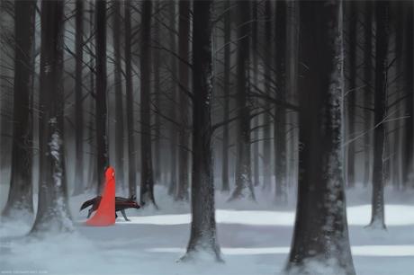 illustration de Qing Han d'une femme en manteau rouge marchant à coté d'un loup dans une forêt d'hiver 