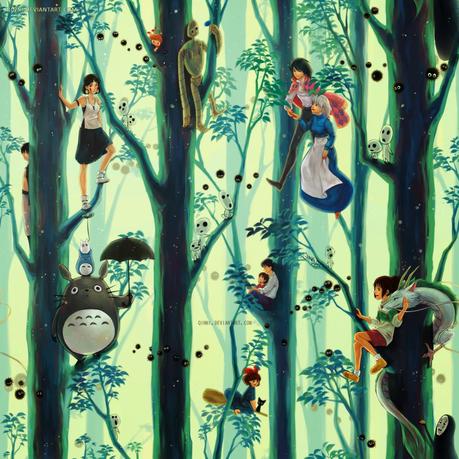 illustration de Qing Han d'une forêt avec les personnage de Hayao Miyazaki