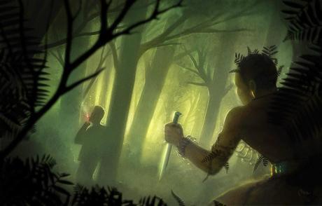 speed painting de Martin de Diego Sádaba représentant un assassin une dague à la main s'approchant d'un homme fumant une cigarette dans la forêt