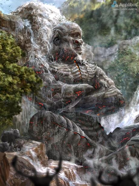 illustration de John Silva représentant un cyclope de pierre assis sous une cascade