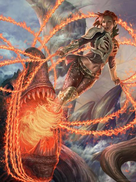 illustration de John Silva représentant une guerrière terrassant un requin géant dans une déluge de feu et de métal