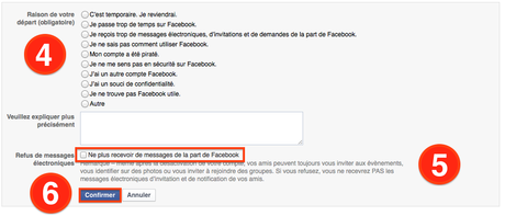 Facebook : Formulaire de désactivation du compte