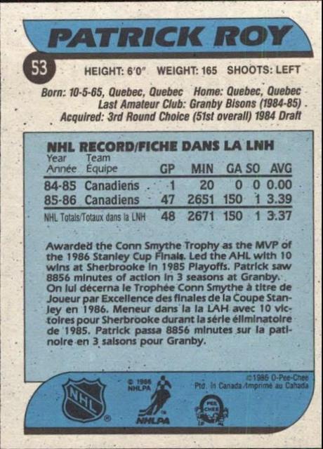 Hockey card of the day :   1986-87 O-Pee-Chee #53 Patrick Roy RC  #card #hockey #trade