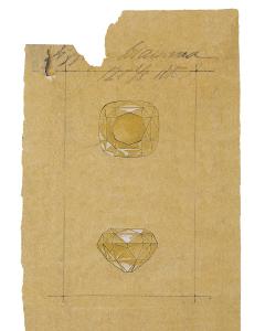 Drawing of the Tiffany Diamond from an 1886 ledger in the Tiffany Archives  Photo Credit: Courtesy of the Tiffany & Co. Archives For editorial use only. 