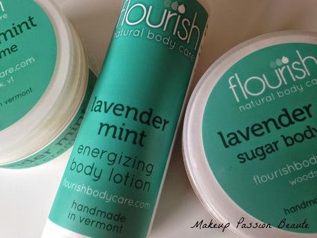 Les soins pour le corps de Flourish natural body care ; exfoliant, lotion et crème..