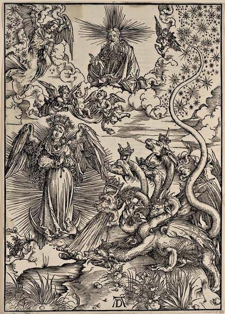 Albrecht Dürer - L'Apocalypse de Saint-Jean (11) - La Femme vêtue de soleil et le Dragon à sept têtes - Gravure sur bois - 39,2 x 27,9 cm