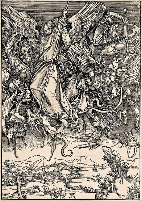 Albrecht Dürer - L'Apocalypse de Saint-Jean (12) - Le Combat de Saint Michel contre le Dragon - Gravure sur bois - 39,5 x 28,8 cm