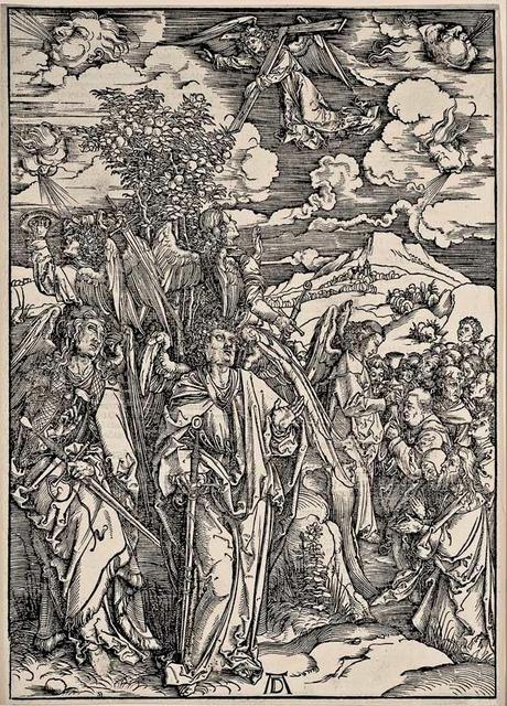 Albrecht Dürer - L'Apocalypse de Saint-Jean - Les Quatre Anges rétenteurs des vents et l'Onction des Elus - Gravure sur bois - 39,5 x 28,2 cm
