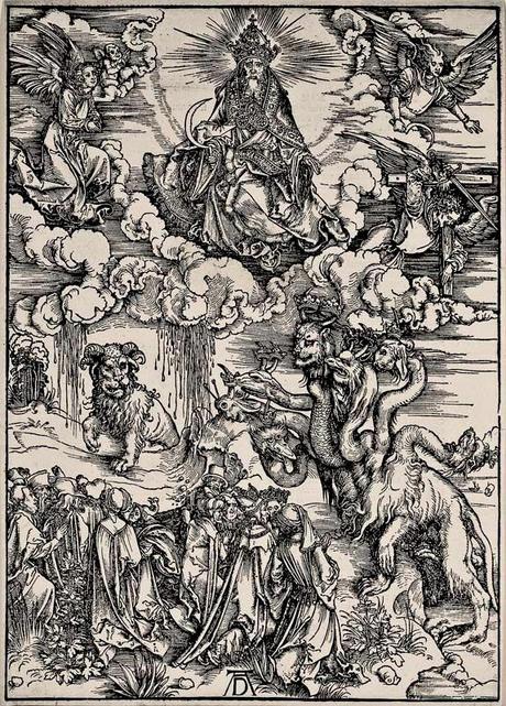 Albrecht Dürer - L'Apocalypse de Saint-Jean (13) - Le Dragon à sept têtes et la Bête aux cornes d'agneau - Gravure sur bois - 39,2 x 28,1 cm