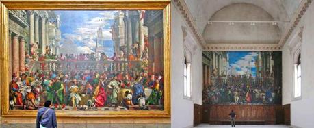 A gauche, le tableau original des Noces de Cana de Véronèse au Louvre ; à gauche, un fac-similé installé dans le réfectoire du monastère vénitien de Giorgio Maggiore. A gauche, un vrai sac Vuitton ; à droite, une contrefaçon. 