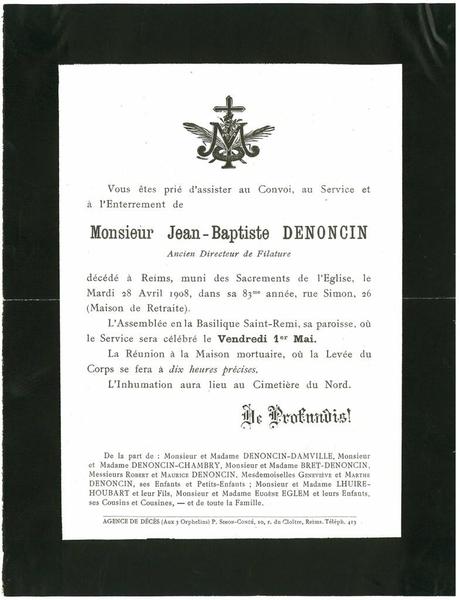 1908-04-28 Reims - Décès de Jean-Baptiste DENONCIN Ancien Directeur de Filature (né a Francheval en 1825)