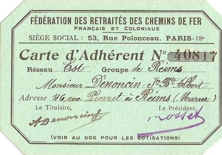 1923 - Carte d’Adhérent Réseau Est Groupe de Reims Fédération des retraités des chemins de fer