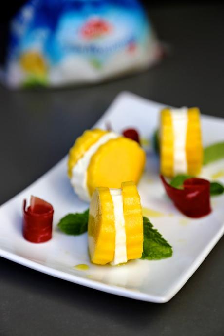 Sandwichs mangue , mozzarella et menthe , une idée très facile et très fraîche pour tester un nouveau produit de Galbani: Gran Mozzarella