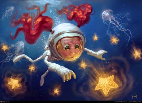 illustration de Tiago Hoisel représentant une jeune fille a couettes rousses pêchant des étoiles