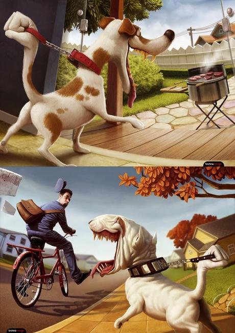illustration de Tiago Hoisel représentant un dyptique de chien se retenant devant un facteur et un barbecue