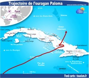 Carte de la trajectoire prévue de l'ouragan Paloma