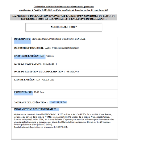 Eric Dunoyer le Pdg de Numericable cède des titres pour plus d'1 million d'euros