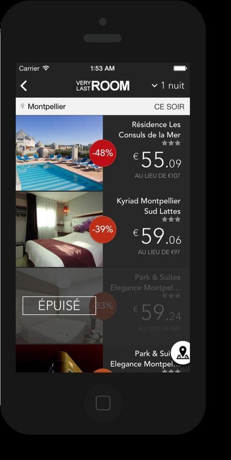 VeryLastRoom sur iPhone propose jusqu'à -70% de réduction sur des hôtels