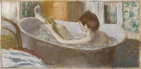 peinture du peintre Edgar Degas 1883 titre Femme nue dans une baignoire s'épongeant la jambe art français 
