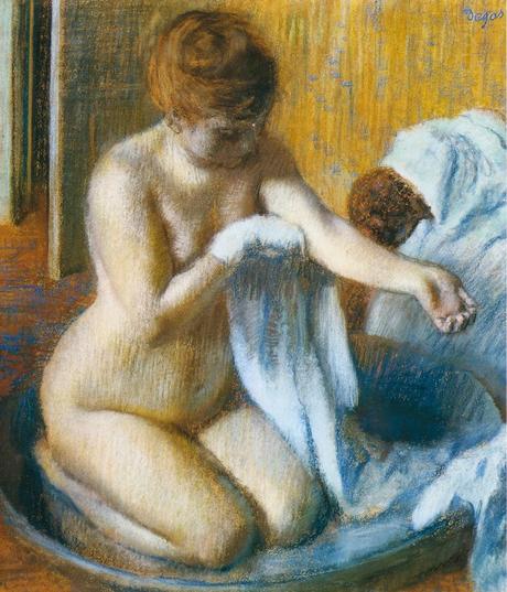 peinture du peintre Edgar Degas 1884 titre Femme au Tub description femme  nue faisant sa toilette agenouillée se frottant avec une serviette scène d'intimité tableau français de l'histoire de l'art