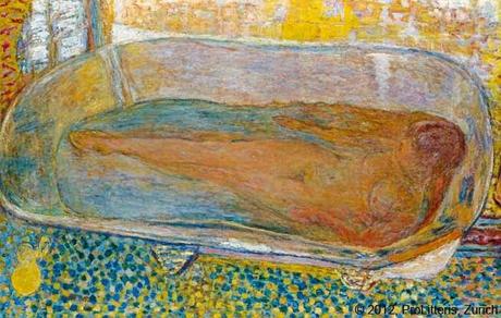 peinture du peintre Bonnard Titre La grande Baignoire en 1937 couleur vive mosaique bleu jaune femme nue dans une baignoire ART