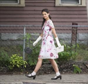 Katie Holmes wearing a vintage floral dress on the set of 'Miss Meadows' in Ohio, USA