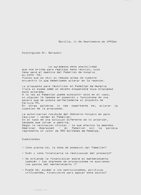 Esquisse d'un Avant-Projet de Roger GARAUDY sur l'utilisation future du Pavillon de Hongrie à Séville