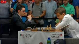 Le Norvégien Magnus Carlsen, champion du monde d'échecs en titre va rendre les armes face à l'incroyable Italien Fabiano Caruana - Capture d'écran © Chess & Strategy