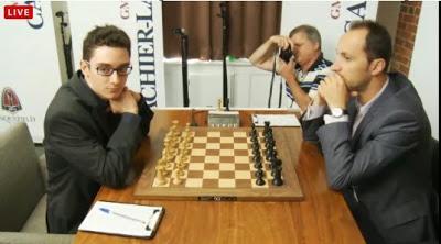 L'Italien Fabiano Caruana face à Topalov lors de la ronde 6 - capture d'écran du Live © Chess & Strategy